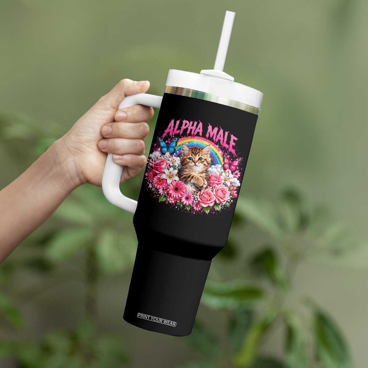Alpha Male Tumbler With Handle Funny Cat Kitten Meme Rainbow Floral TS10 Print Your Wear
