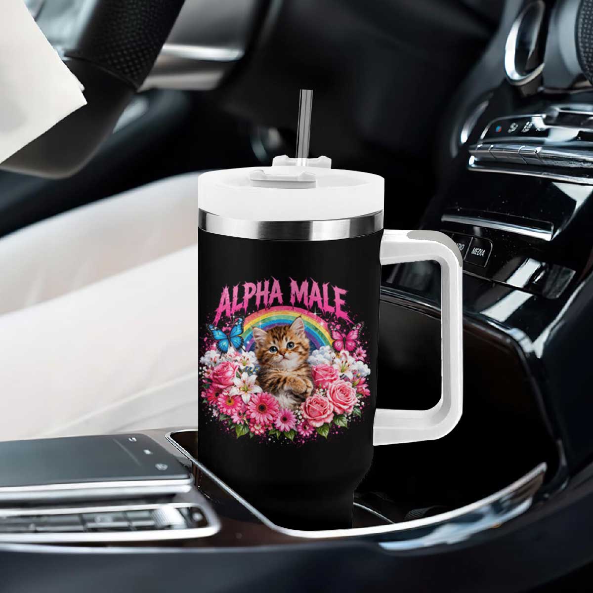 Alpha Male Tumbler With Handle Funny Cat Kitten Meme Rainbow Floral TS10 Print Your Wear