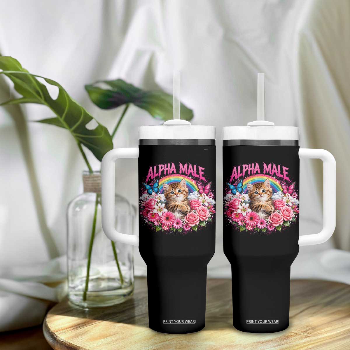 Alpha Male Tumbler With Handle Funny Cat Kitten Meme Rainbow Floral TS10 Print Your Wear