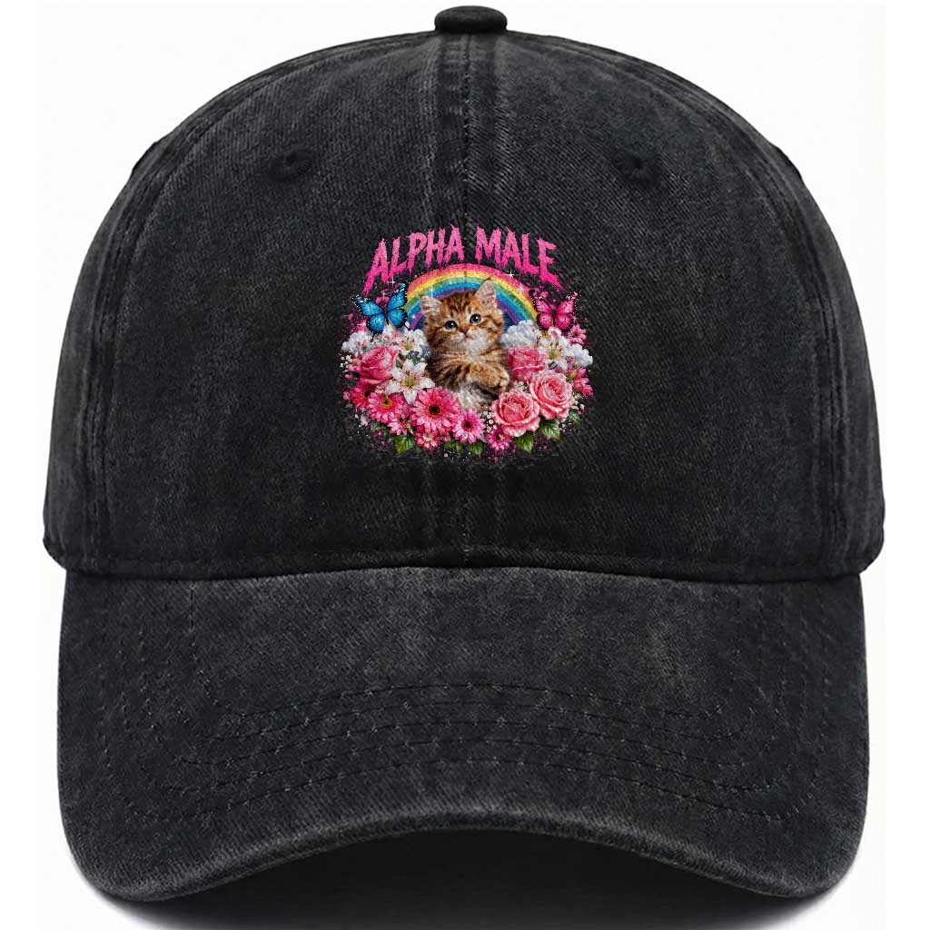 Alpha Male Washed Cotton Baseball Cap Funny Cat Kitten Meme Rainbow Floral TS10 Print Your Wear