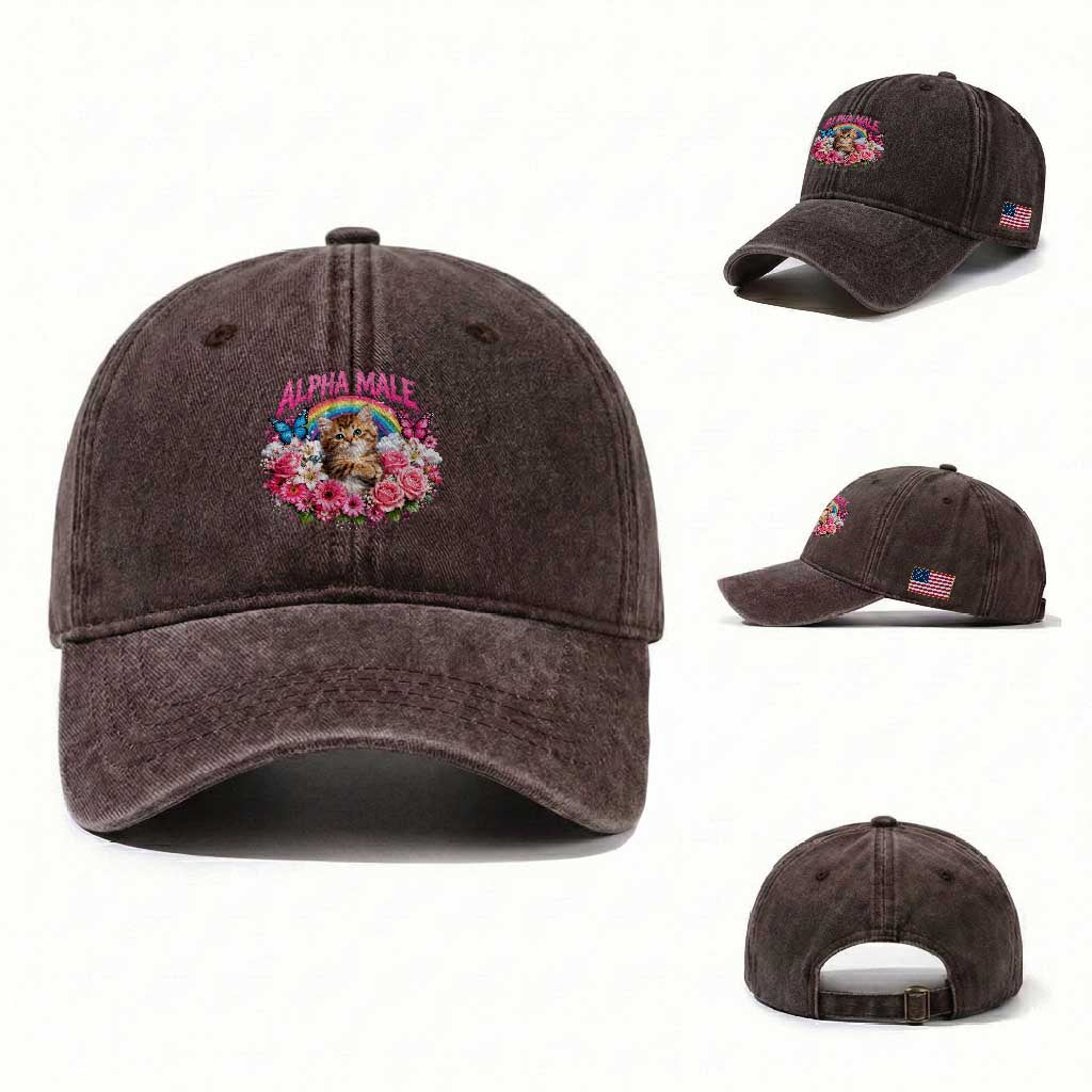 Alpha Male Washed Cotton Baseball Cap Funny Cat Kitten Meme Rainbow Floral TS10 Washed Cap Universal Fit Dark Brown Print Your Wear