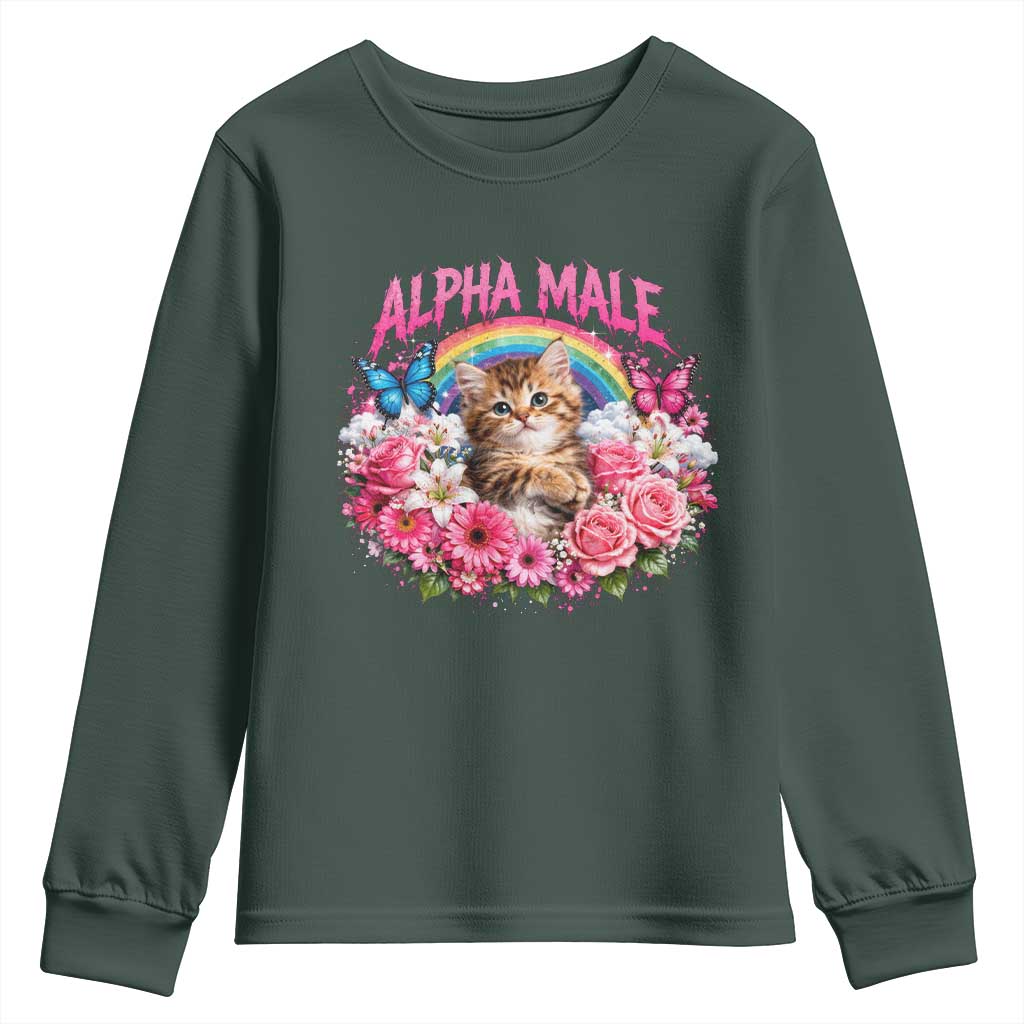 Alpha Male Youth Sweatshirt Funny Cat Kitten Meme Rainbow Floral TS10 Dark Forest Green Print Your Wear