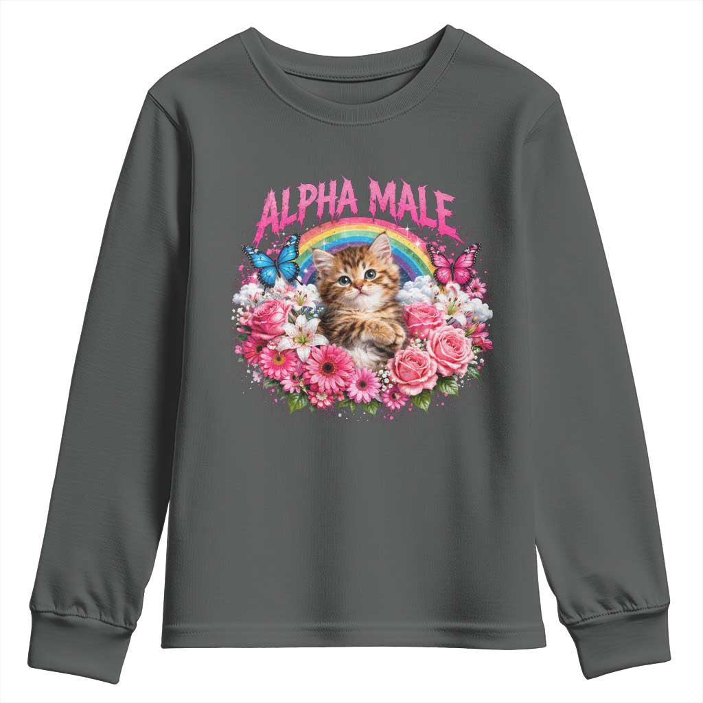 Alpha Male Youth Sweatshirt Funny Cat Kitten Meme Rainbow Floral TS10 Dark Heather Print Your Wear
