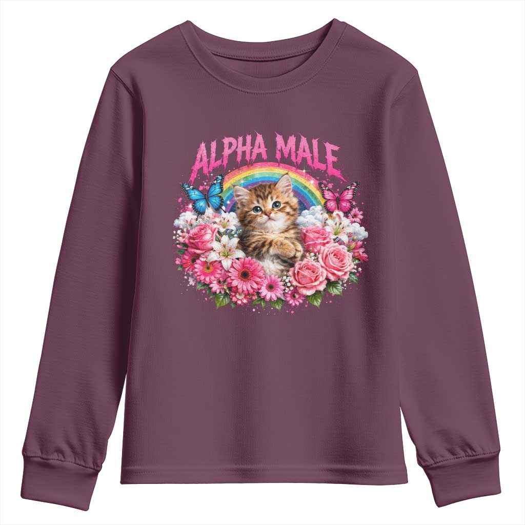 Alpha Male Youth Sweatshirt Funny Cat Kitten Meme Rainbow Floral TS10 Maroon Print Your Wear