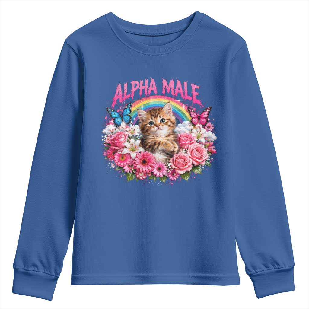 Alpha Male Youth Sweatshirt Funny Cat Kitten Meme Rainbow Floral TS10 Royal Blue Print Your Wear