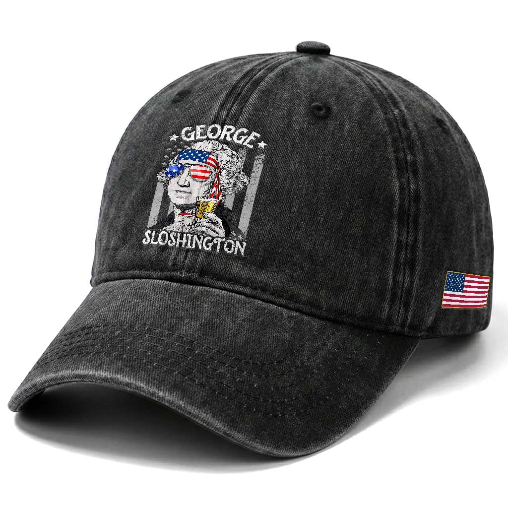 Funny 4th of July George Sloshington Washington Washed Cotton Baseball Cap Retro America Flag TS10 Print Your Wear