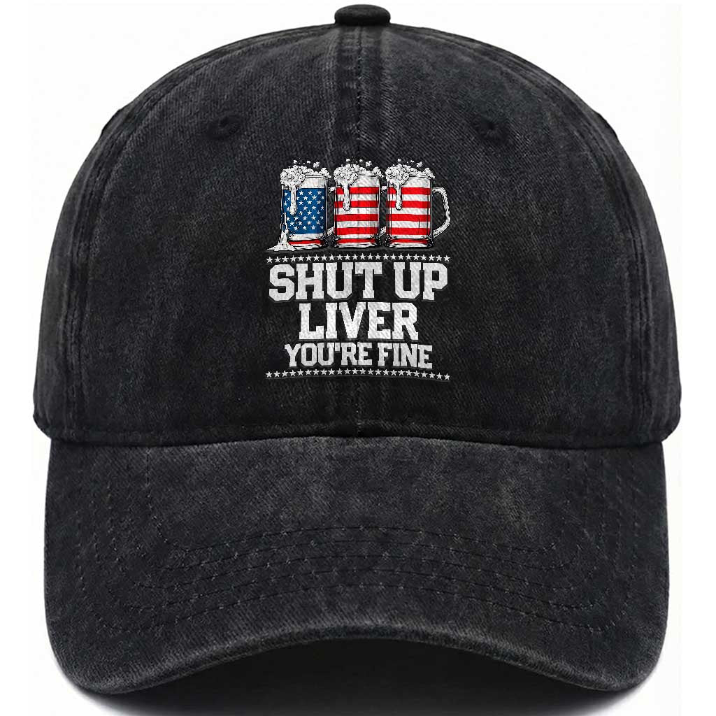 Beer American Flag 4th of July Washed Cotton Baseball Cap Merica Drinking USA Shut Up Liver You Are Fine TS10 Washed Cap Universal Fit Black Print Your Wear