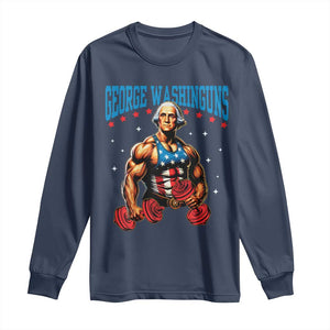 Funny George Washington Gym Long Sleeve Shirt Muscular Flex Workout 4th of July TS10 Navy Print Your Wear