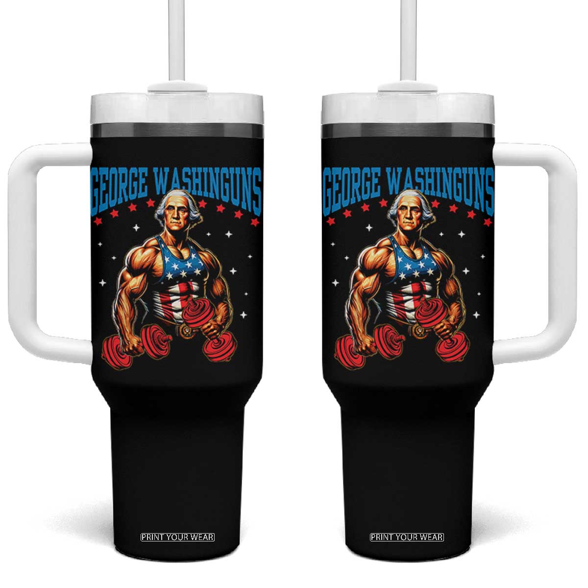 Funny George Washington Gym Tumbler With Handle Muscular Flex Workout 4th of July TS10 One Size: 40 oz Black Print Your Wear