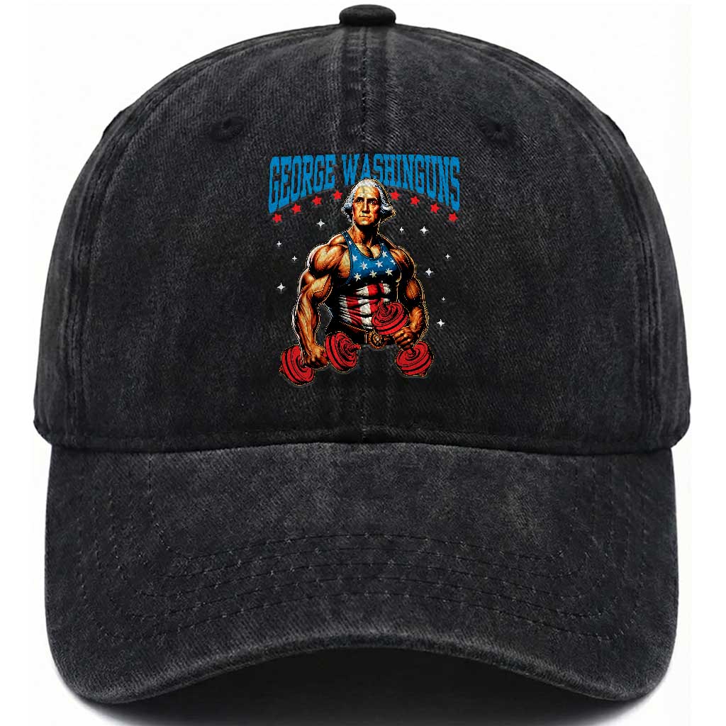 Funny George Washington Gym Washed Cotton Baseball Cap Muscular Flex Workout 4th of July TS10 Washed Cap Universal Fit Black Print Your Wear