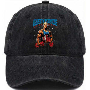 Funny George Washington Gym Washed Cotton Baseball Cap Muscular Flex Workout 4th of July TS10 Washed Cap Universal Fit Black Print Your Wear