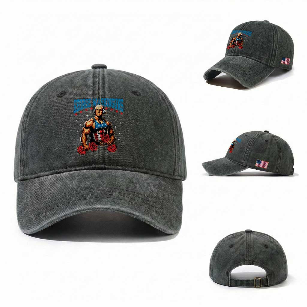 Funny George Washington Gym Washed Cotton Baseball Cap Muscular Flex Workout 4th of July TS10 Washed Cap Universal Fit Dark Green Print Your Wear