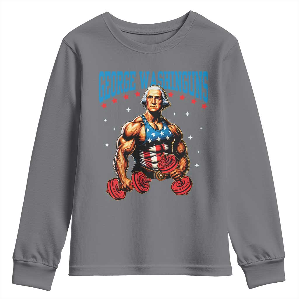 Funny George Washington Gym Youth Sweatshirt Muscular Flex Workout 4th of July TS10 Charcoal Print Your Wear
