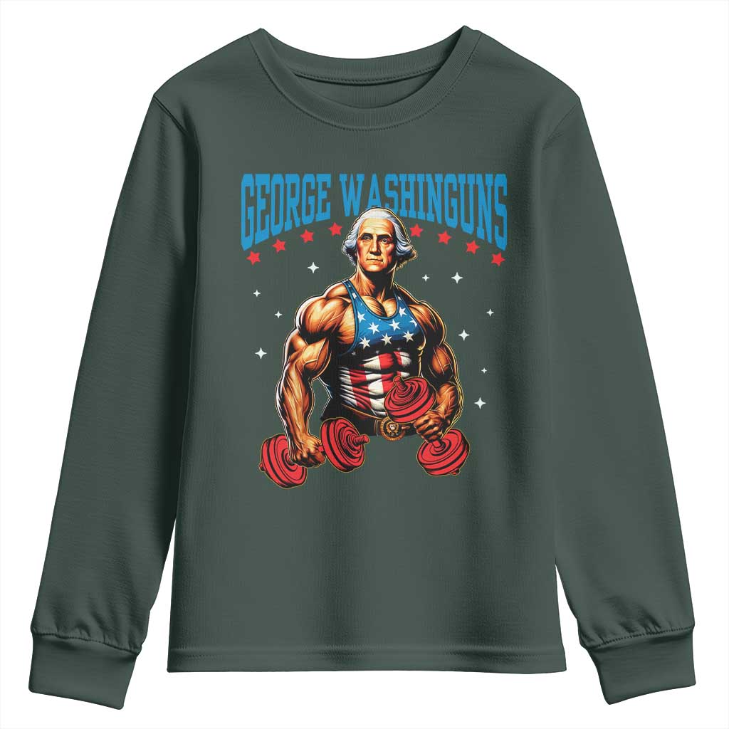 Funny George Washington Gym Youth Sweatshirt Muscular Flex Workout 4th of July TS10 Dark Forest Green Print Your Wear