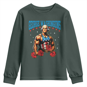 Funny George Washington Gym Youth Sweatshirt Muscular Flex Workout 4th of July TS10 Dark Forest Green Print Your Wear
