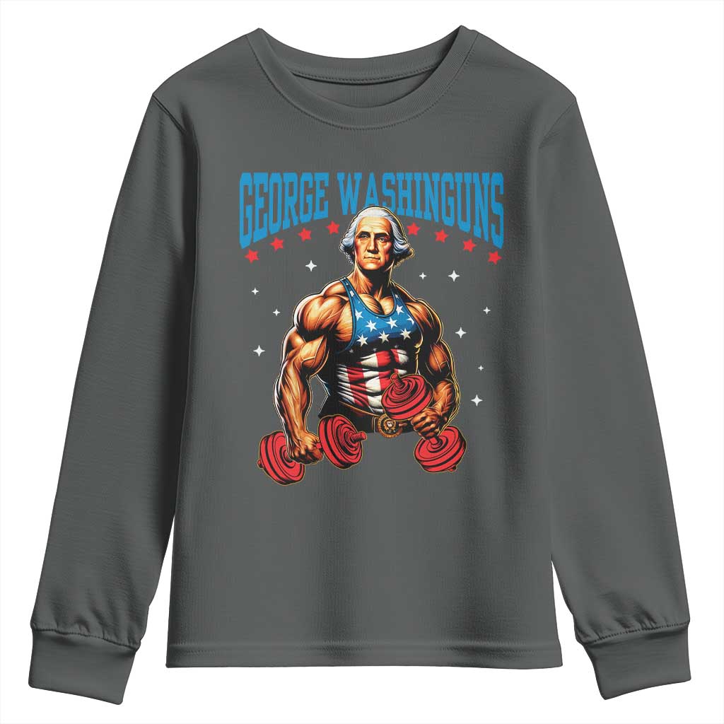 Funny George Washington Gym Youth Sweatshirt Muscular Flex Workout 4th of July TS10 Dark Heather Print Your Wear