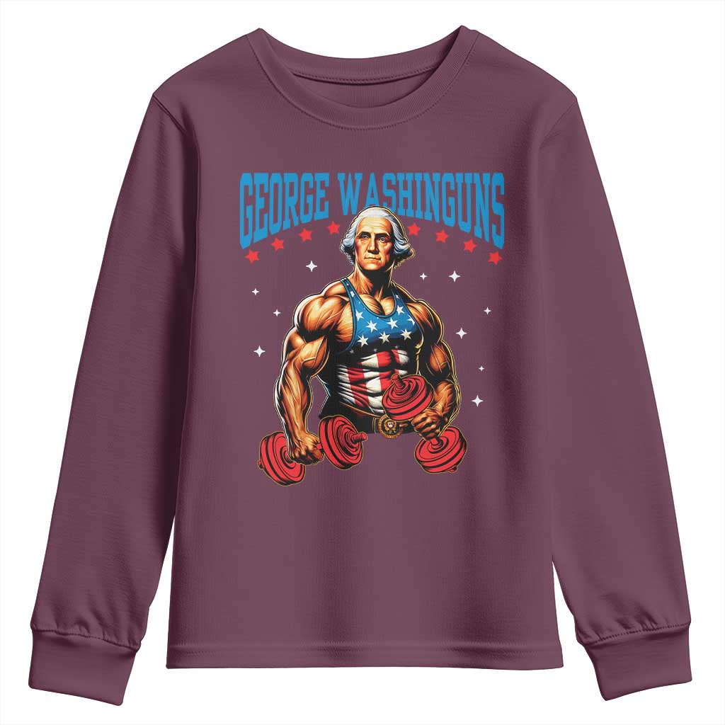 Funny George Washington Gym Youth Sweatshirt Muscular Flex Workout 4th of July TS10 Maroon Print Your Wear