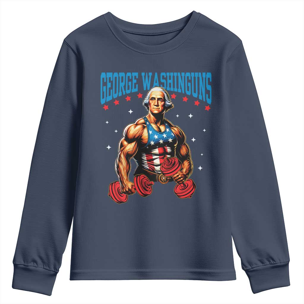 Funny George Washington Gym Youth Sweatshirt Muscular Flex Workout 4th of July TS10 Navy Print Your Wear