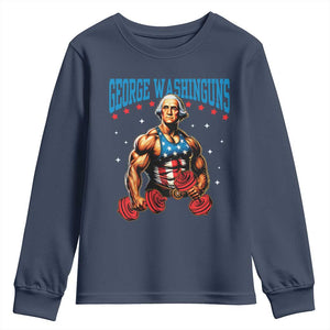 Funny George Washington Gym Youth Sweatshirt Muscular Flex Workout 4th of July TS10 Navy Print Your Wear