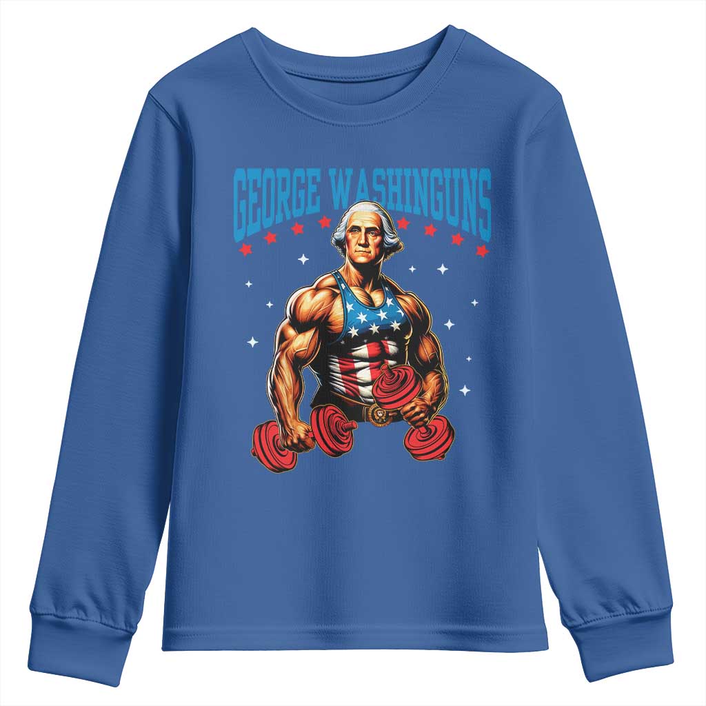 Funny George Washington Gym Youth Sweatshirt Muscular Flex Workout 4th of July TS10 Royal Blue Print Your Wear