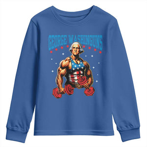 Funny George Washington Gym Youth Sweatshirt Muscular Flex Workout 4th of July TS10 Royal Blue Print Your Wear