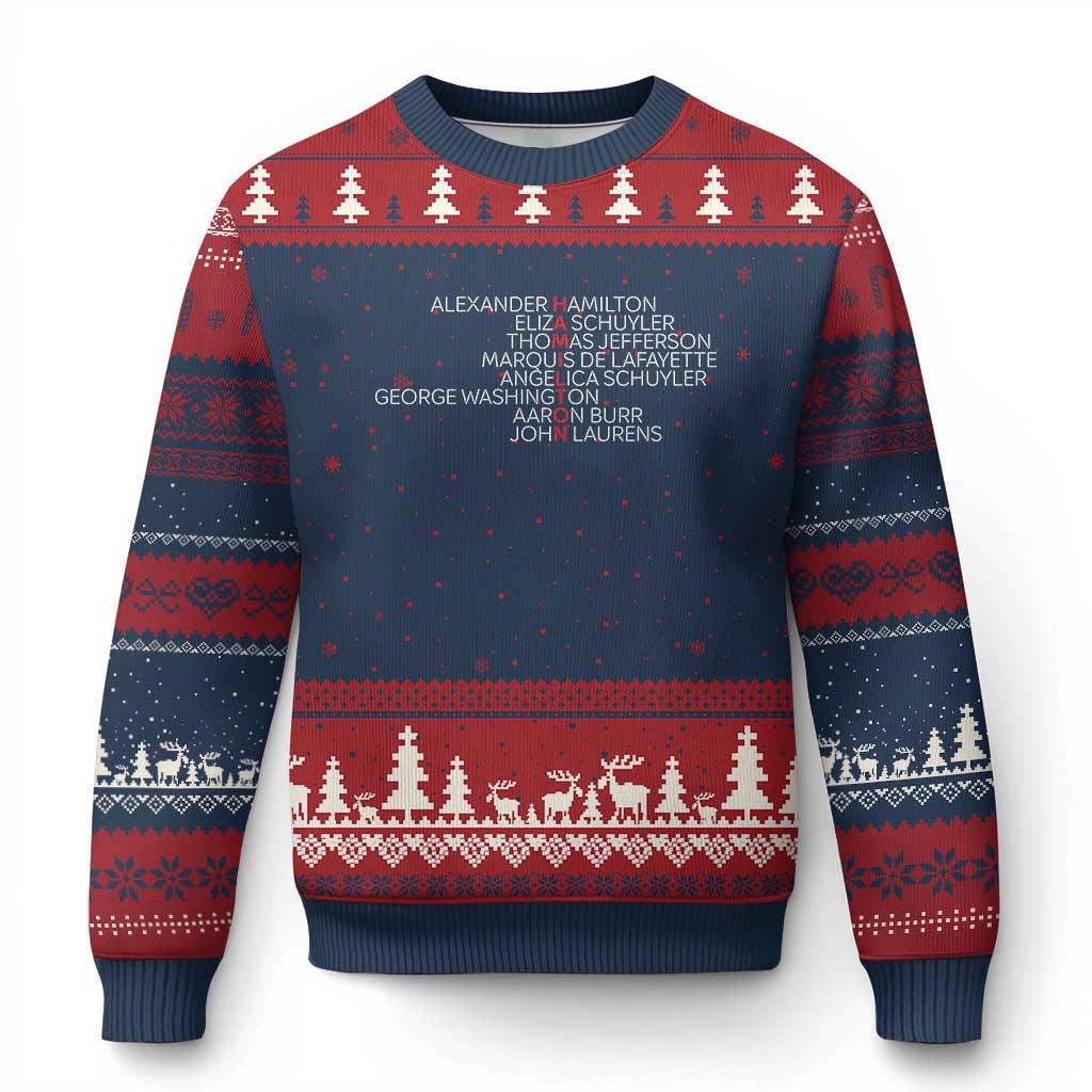 Hamilton Eliza Jefferson Angelica & Burr Names Ugly Christmas Sweater TS10 Navy Red Print Your Wear