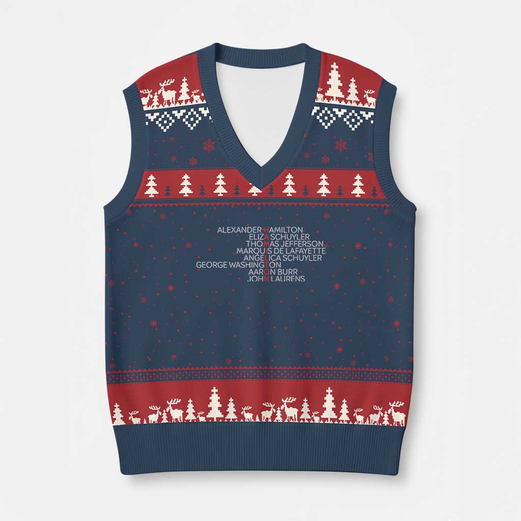 Hamilton Eliza Jefferson Angelica & Burr Names V-Neck Knit Sweater Vest TS10 Navy Red Print Your Wear