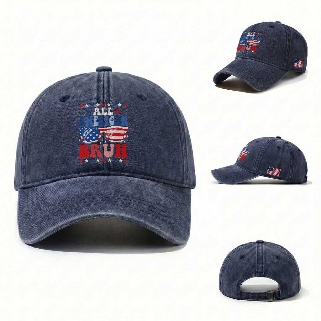 All American Bruh Patriotic 4th Of July Washed Cotton Baseball Cap USA Flag Sunglasses Teens Kids TS10 Washed Cap Universal Fit Navy Print Your Wear