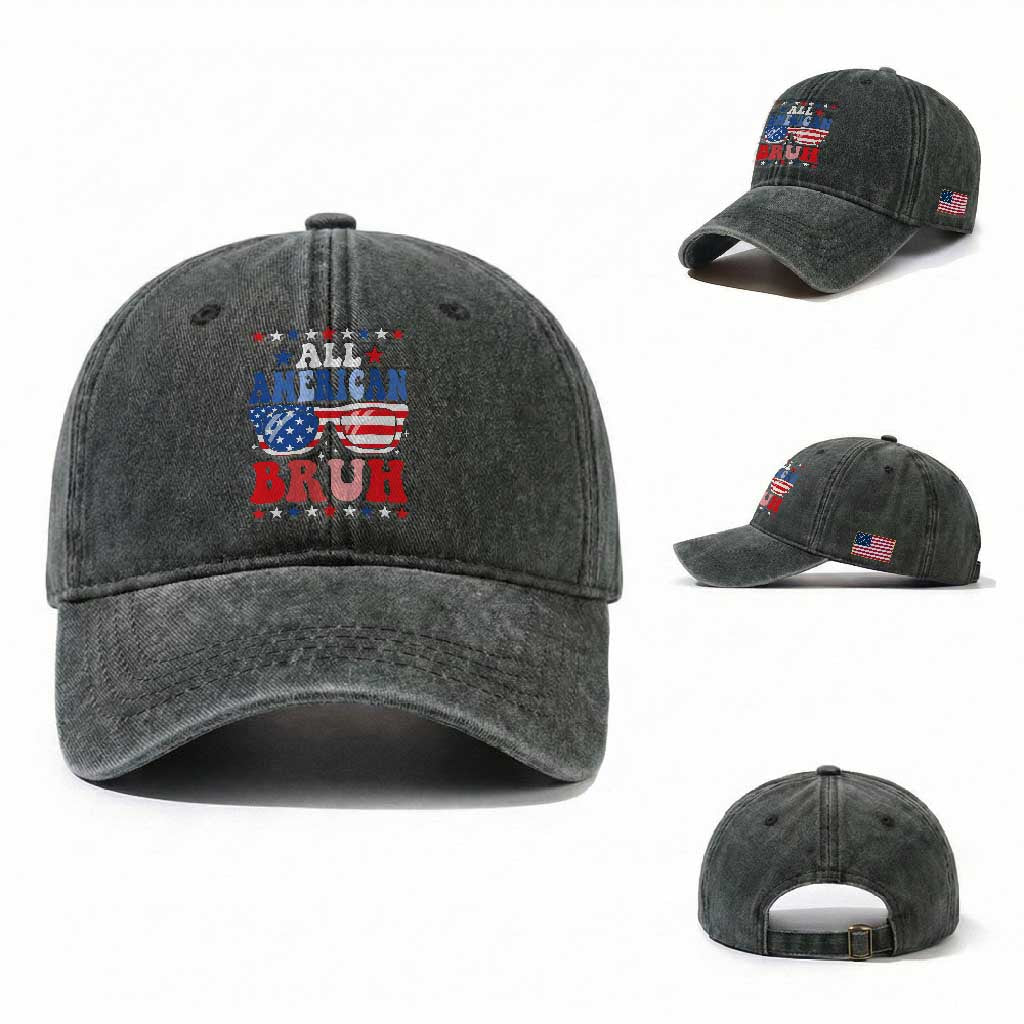 All American Bruh Patriotic 4th Of July Washed Cotton Baseball Cap USA Flag Sunglasses Teens Kids TS10 Washed Cap Universal Fit Dark Green Print Your Wear