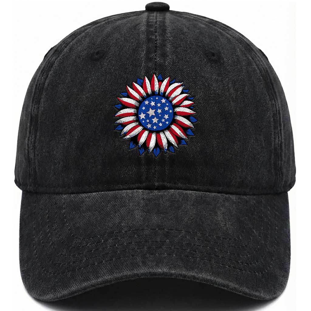 Sunflower American Flag Washed Cotton Baseball Cap Floral USA 4th of July Merica TS10 Washed Cap Universal Fit Black Print Your Wear