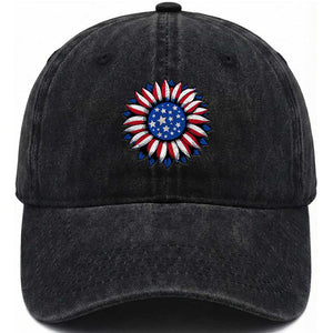 Sunflower American Flag Washed Cotton Baseball Cap Floral USA 4th of July Merica TS10 Washed Cap Universal Fit Black Print Your Wear