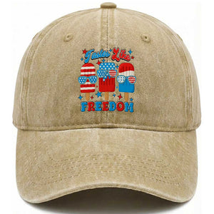 4th of July American Flag Popsicle Washed Cotton Baseball Cap Tastes Like Freedom Patriotic Funny TS10 Washed Cap Universal Fit Khaki Print Your Wear