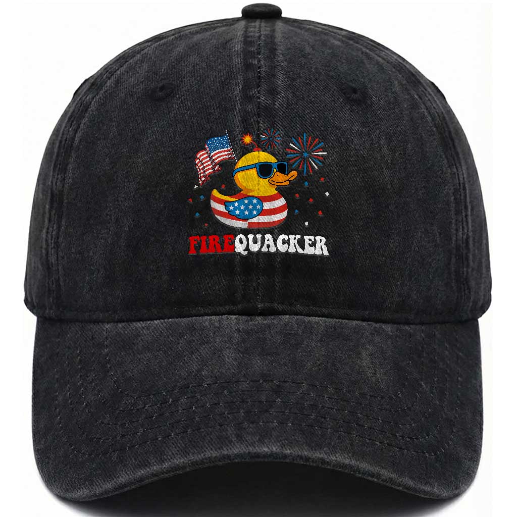 Funny July 4th Washed Cotton Baseball Cap Patriotic Duck Firequacker American Flag TS10 Washed Cap Universal Fit Black Print Your Wear