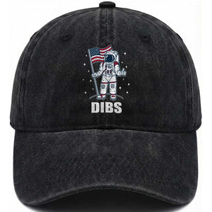 Funny Astronaut Dibs Moon Landing Washed Cotton Baseball Cap Patriotic Space USA Meme for 4th of July TS10 Washed Cap Universal Fit Black Print Your Wear