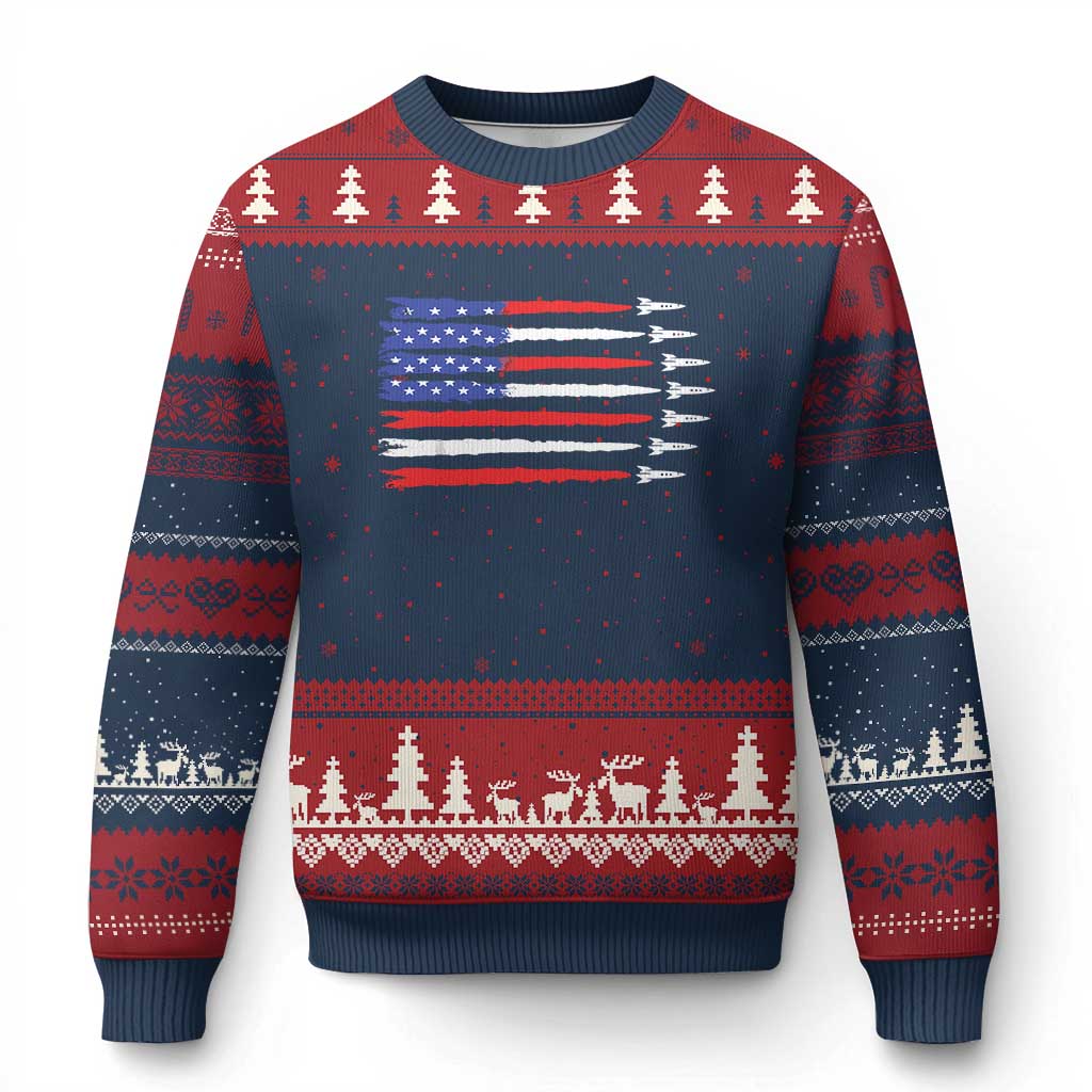 USA Flag Rocket Ugly Christmas Sweater Patriotic Space Red White Blue 4th of July TS10 Navy Red Print Your Wear