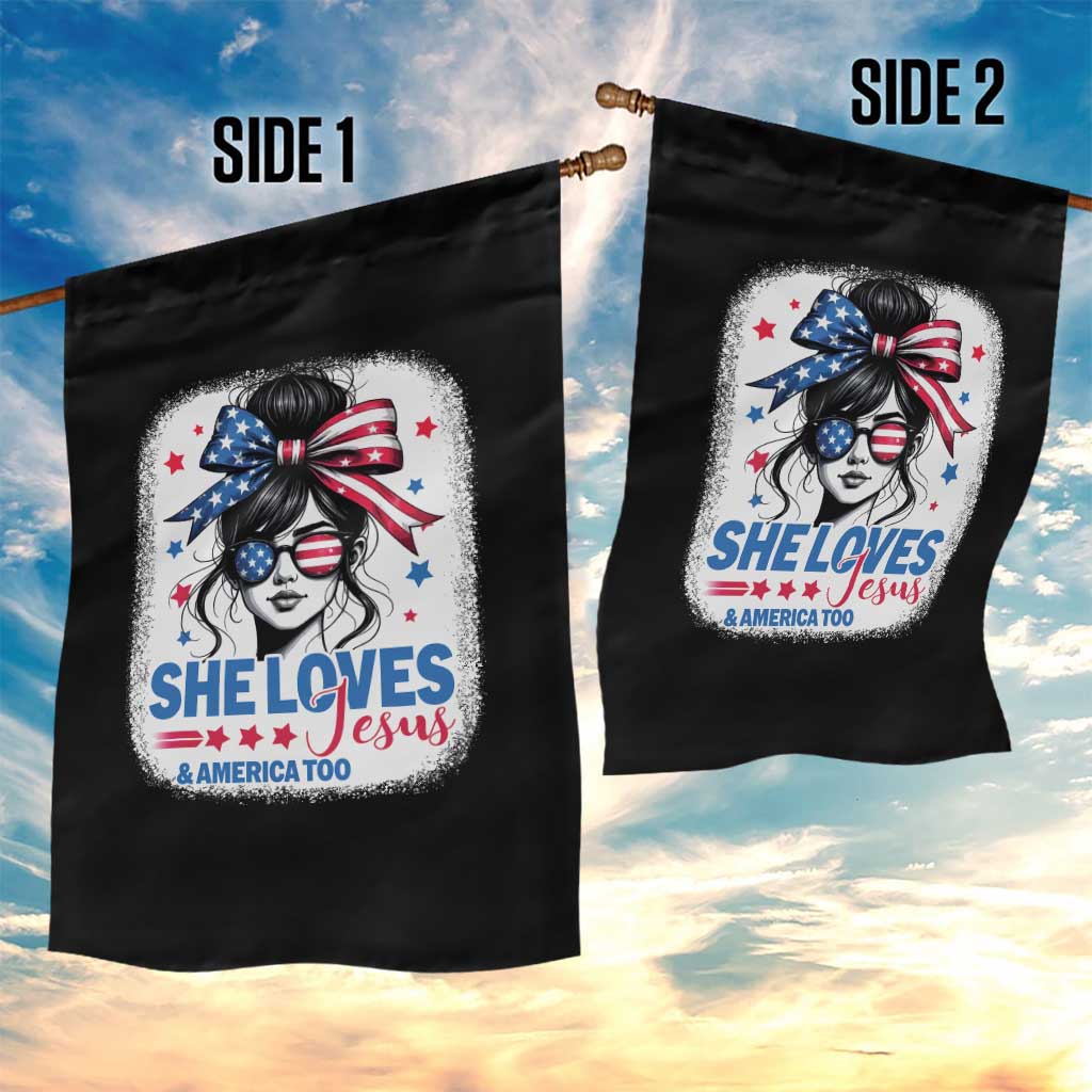 She Loves Jesus And America Too Garden Flag Christian 4th of July Messy Bun Flag TS10 Print Your Wear