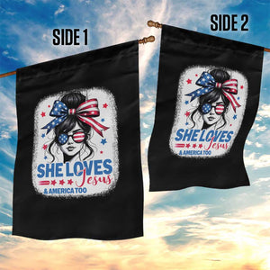 She Loves Jesus And America Too Garden Flag Christian 4th of July Messy Bun Flag TS10 Print Your Wear