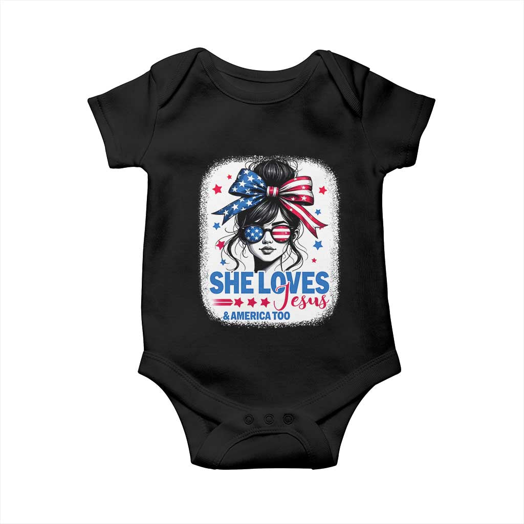 She Loves Jesus And America Too Baby Onesie Christian 4th of July Messy Bun Flag TS10 Black Print Your Wear