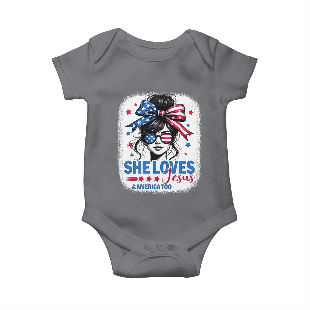 She Loves Jesus And America Too Baby Onesie Christian 4th of July Messy Bun Flag TS10 Charcoal Print Your Wear