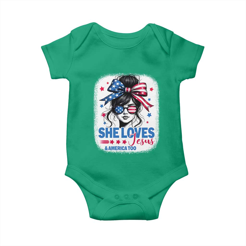 She Loves Jesus And America Too Baby Onesie Christian 4th of July Messy Bun Flag TS10 Irish Green Print Your Wear