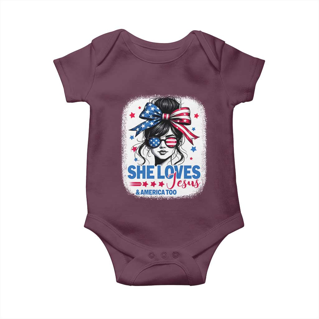 She Loves Jesus And America Too Baby Onesie Christian 4th of July Messy Bun Flag TS10 Maroon Print Your Wear