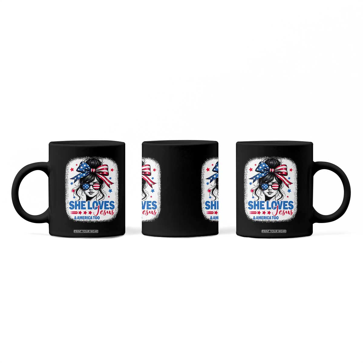 She Loves Jesus And America Too Coffee Mug Christian 4th of July Messy Bun Flag TS10 Print Your Wear