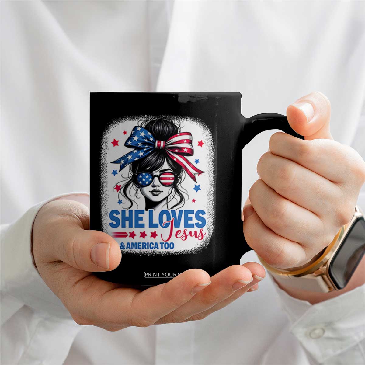 She Loves Jesus And America Too Coffee Mug Christian 4th of July Messy Bun Flag TS10 Print Your Wear