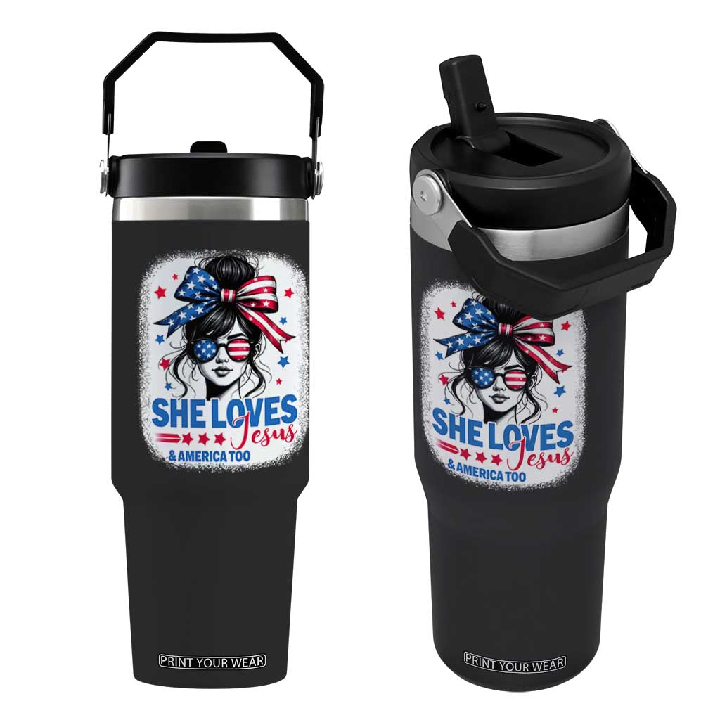 She Loves Jesus And America Too Flip Straw Tumbler Christian 4th of July Messy Bun Flag TS10 One Size: 30 oz Black Print Your Wear