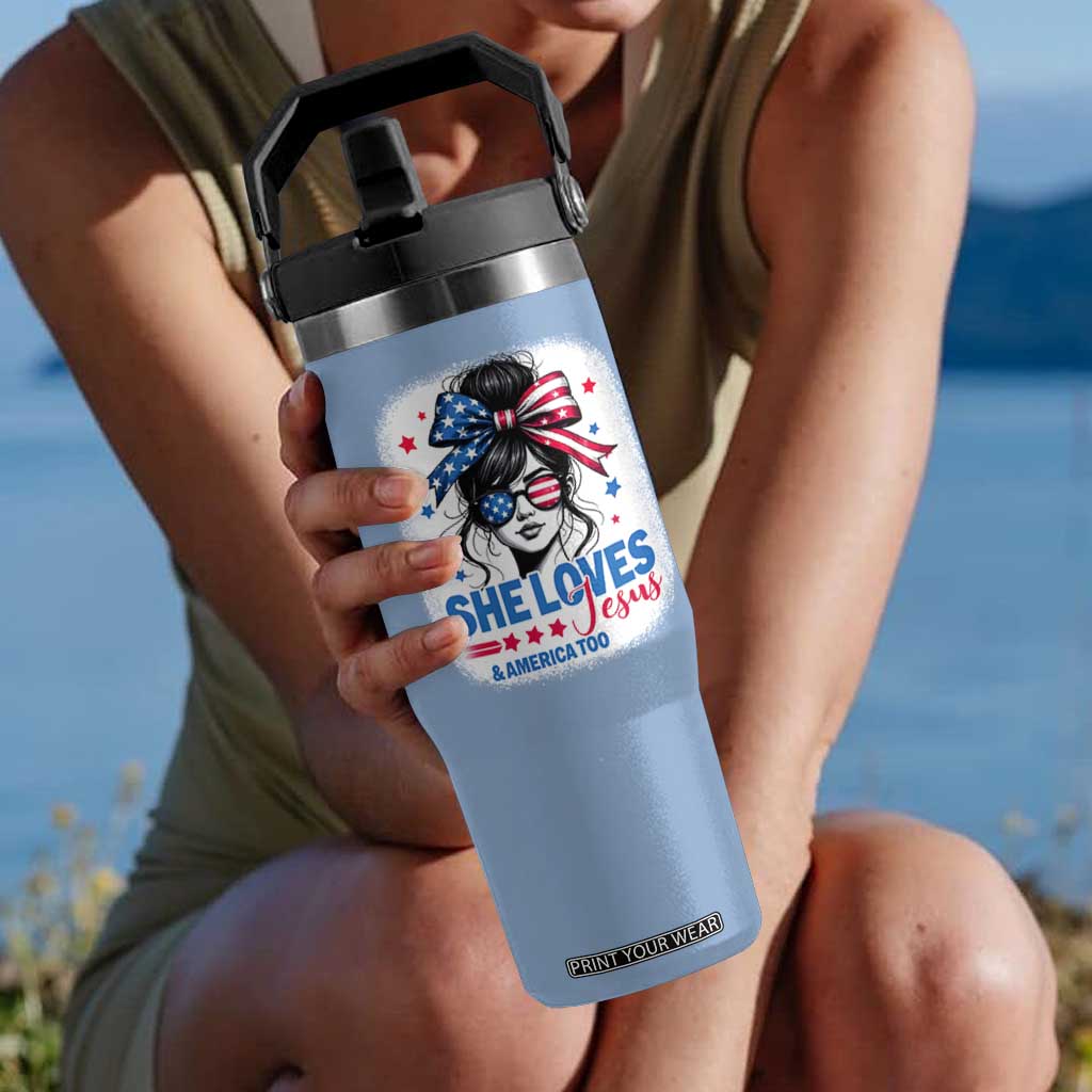 She Loves Jesus And America Too Flip Straw Tumbler Christian 4th of July Messy Bun Flag TS10 One Size: 30 oz Light Blue Print Your Wear