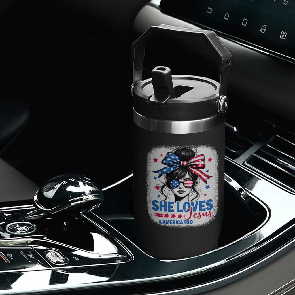 She Loves Jesus And America Too Flip Straw Tumbler Christian 4th of July Messy Bun Flag TS10 Print Your Wear