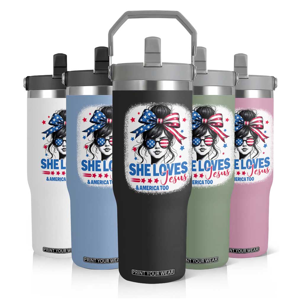 She Loves Jesus And America Too Flip Straw Tumbler Christian 4th of July Messy Bun Flag TS10 Print Your Wear
