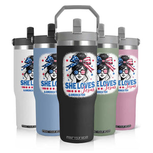 She Loves Jesus And America Too Flip Straw Tumbler Christian 4th of July Messy Bun Flag TS10 Print Your Wear
