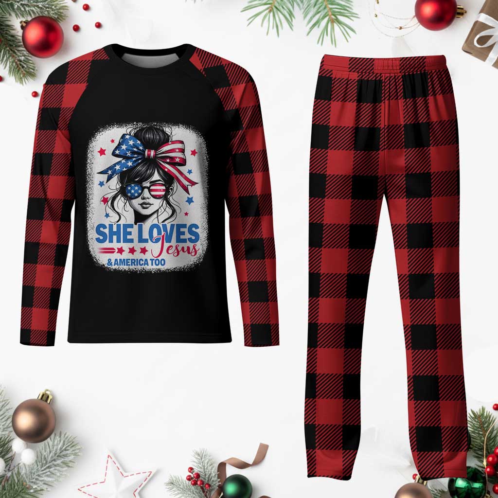 She Loves Jesus And America Too Plaid Pajama Set Christian 4th of July Messy Bun Flag TS10 Buffalo Plaid Print Your Wear