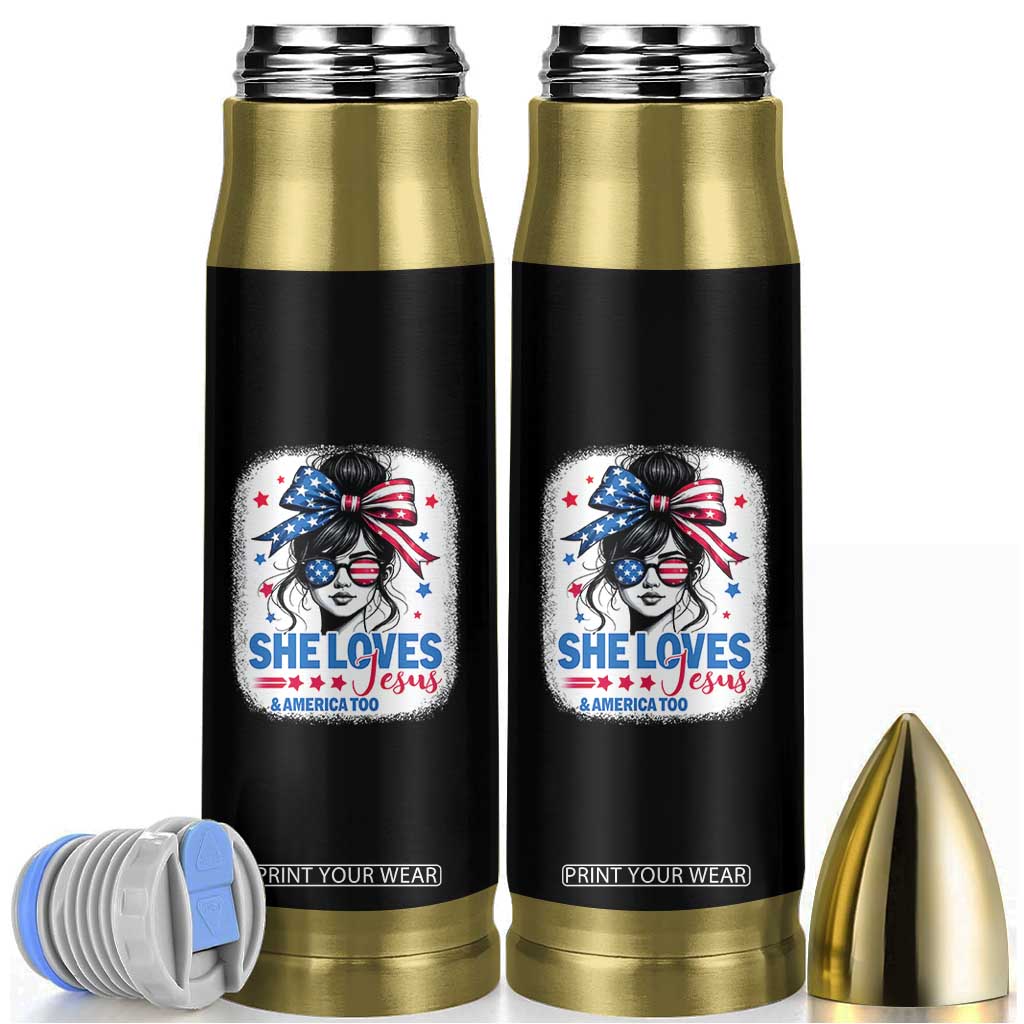 She Loves Jesus And America Too Bullet Tumbler Christian 4th of July Messy Bun Flag TS10 Black Print Your Wear
